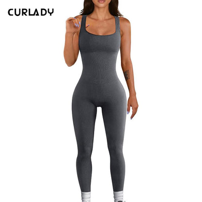 【Curlady】Women Yoga Jumpsuits Summer Sleeveless Ribbed Knit Square Neck Bodycon Slim Fit Pants Solid Color Workout Sports Outfits