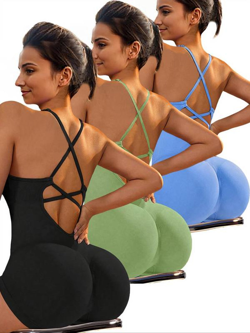 Women'S Solid Criss Cross Backless Padded Sports Romper, Adjustable Strap Sleeveless Scrunch Butt Cami Bodycon Romper for Yoga Gym Fitness, Ladies Sportswear for Indoor Outdoor Wear, Tummy Control