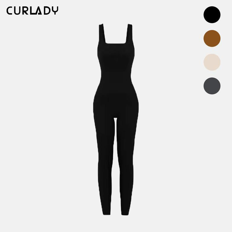 【Curlady】Women Yoga Jumpsuits Summer Sleeveless Ribbed Knit Square Neck Bodycon Slim Fit Pants Solid Color Workout Sports Outfits