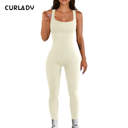 【Curlady】Women Yoga Jumpsuits Summer Sleeveless Ribbed Knit Square Neck Bodycon Slim Fit Pants Solid Color Workout Sports Outfits