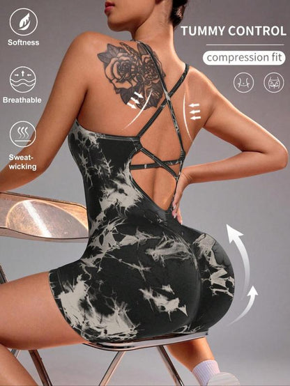 Women'S Solid Criss Cross Backless Padded Sports Romper, Adjustable Strap Sleeveless Scrunch Butt Cami Bodycon Romper for Yoga Gym Fitness, Ladies Sportswear for Indoor Outdoor Wear, Tummy Control