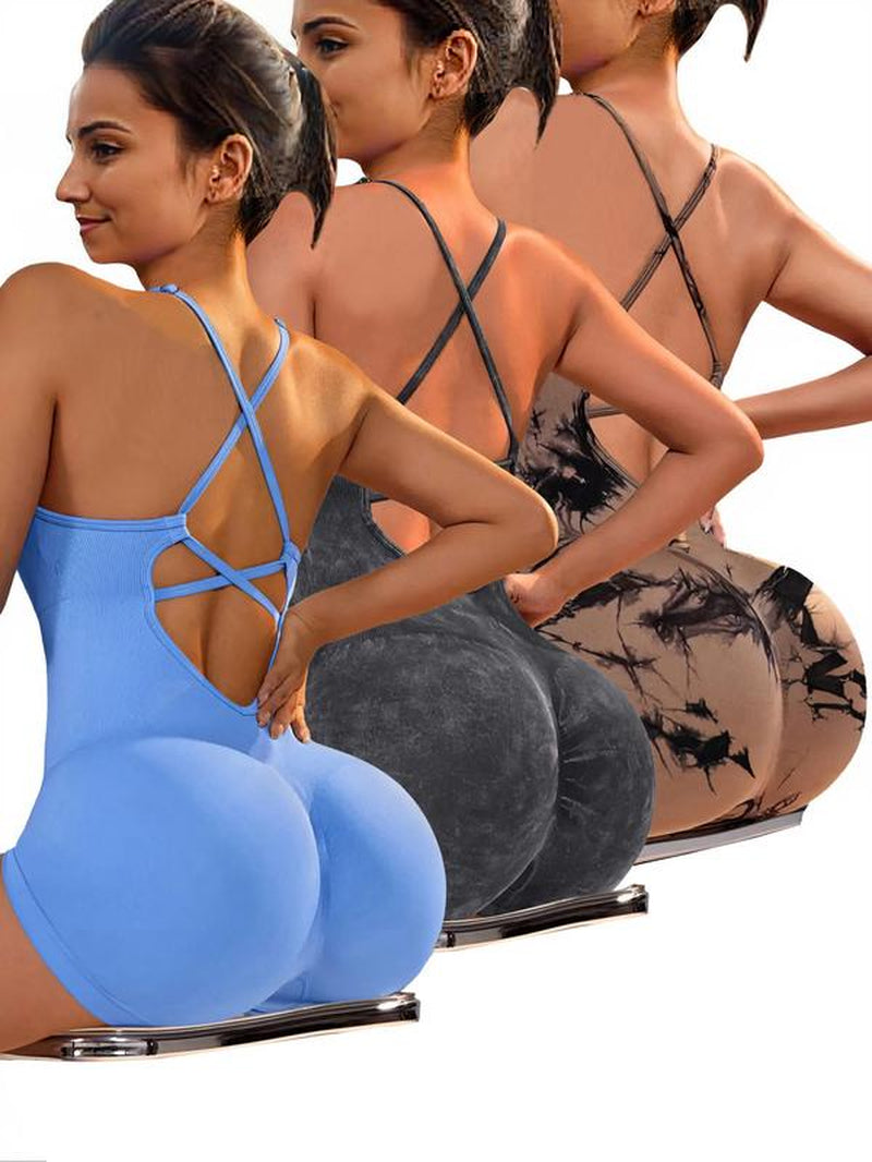 Women'S Solid Criss Cross Backless Padded Sports Romper, Adjustable Strap Sleeveless Scrunch Butt Cami Bodycon Romper for Yoga Gym Fitness, Ladies Sportswear for Indoor Outdoor Wear, Tummy Control