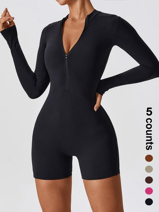 Sporty Women'S Solid Color Zip up Half Placket Sports Skinny Romper, Compression Garment, Tight-Fitting Long Sleeve Mock Neck Seamless Sports Romper, Ladies Sportswear for Gym Yoga Workout Running, Tummy Control