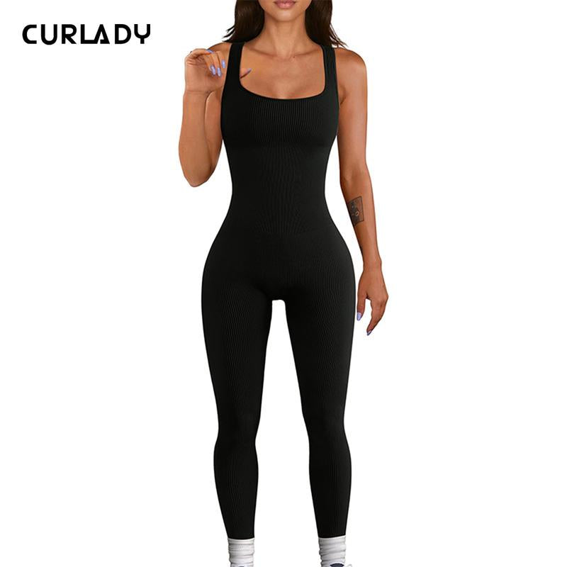 【Curlady】Women Yoga Jumpsuits Summer Sleeveless Ribbed Knit Square Neck Bodycon Slim Fit Pants Solid Color Workout Sports Outfits