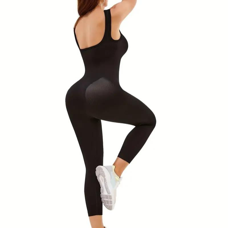 【Curlady】Women Yoga Jumpsuits Summer Sleeveless Ribbed Knit Square Neck Bodycon Slim Fit Pants Solid Color Workout Sports Outfits